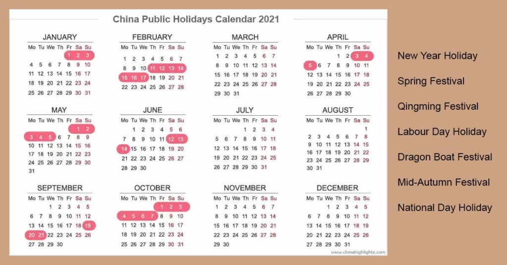 Chinese Public Holidays 2021